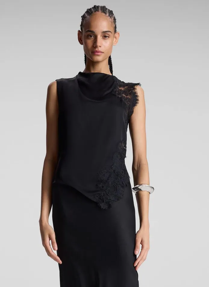 ALC Gracie Satin And Lace Sleeveless Top Black Women Tops