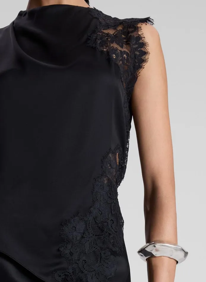 ALC Gracie Satin And Lace Sleeveless Top Black Women Tops