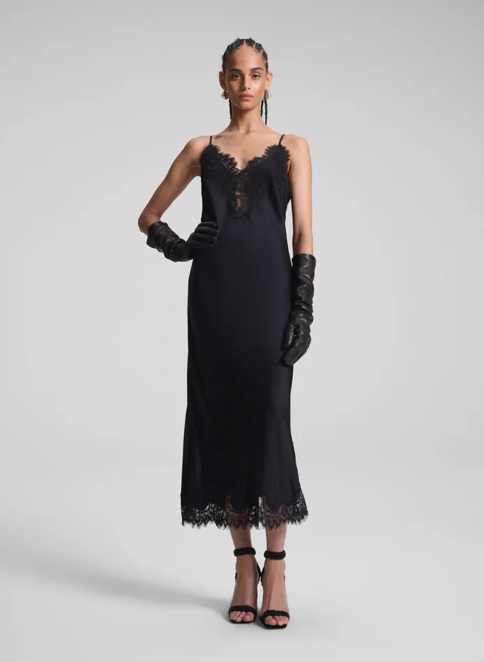 ALC Lennon Satin And Lace Midi Dress Blackblack Women Dresses