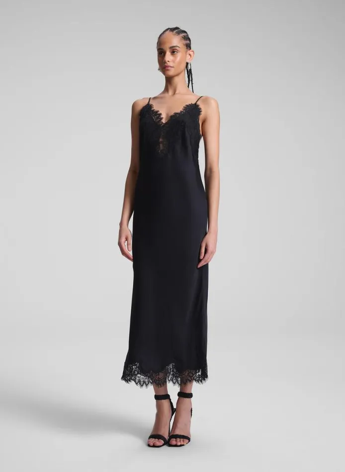 ALC Lennon Satin And Lace Midi Dress Blackblack Women Dresses