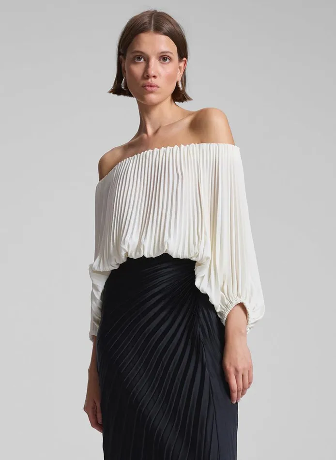 ALC Sienna Satin Pleated Off Shoulder Top Whisper White Women Tops
