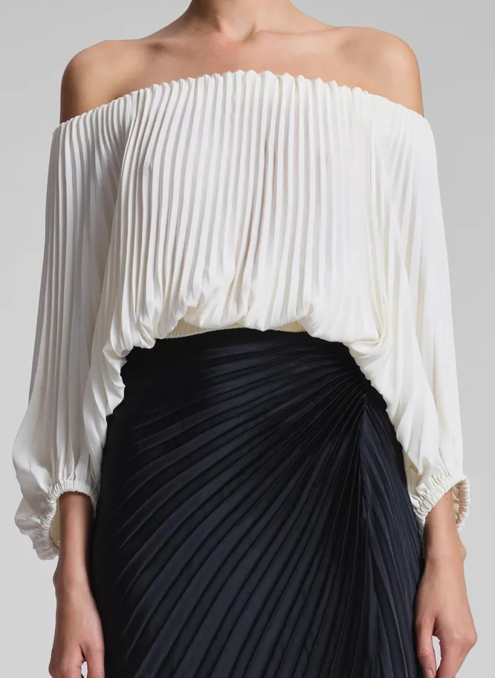ALC Sienna Satin Pleated Off Shoulder Top Whisper White Women Tops