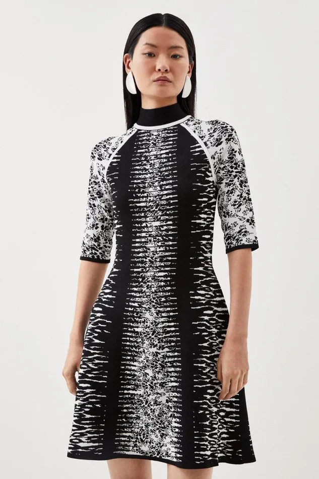 Abstract Jacquard Half Zip Knit Skater Dress Women Karen Millen Dresses