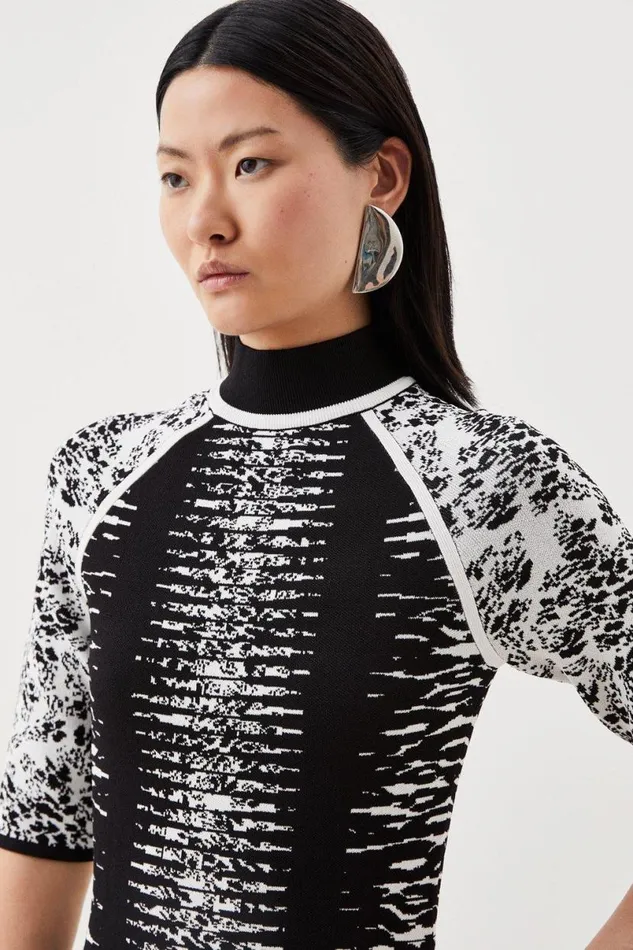Abstract Jacquard Half Zip Knit Skater Dress Women Karen Millen Dresses