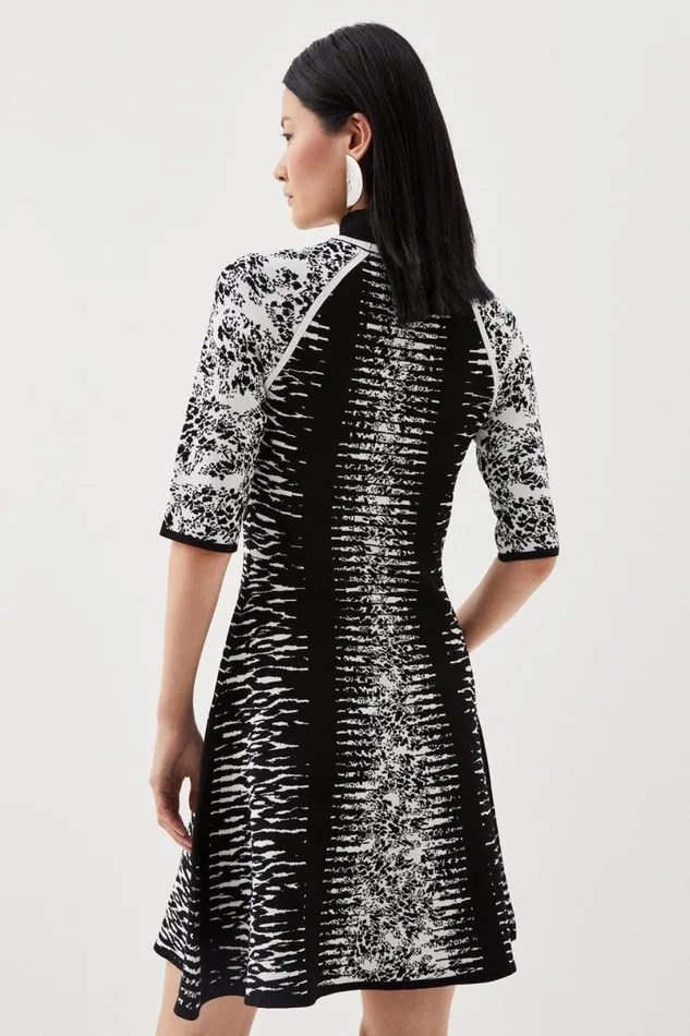 Abstract Jacquard Half Zip Knit Skater Dress Women Karen Millen Dresses