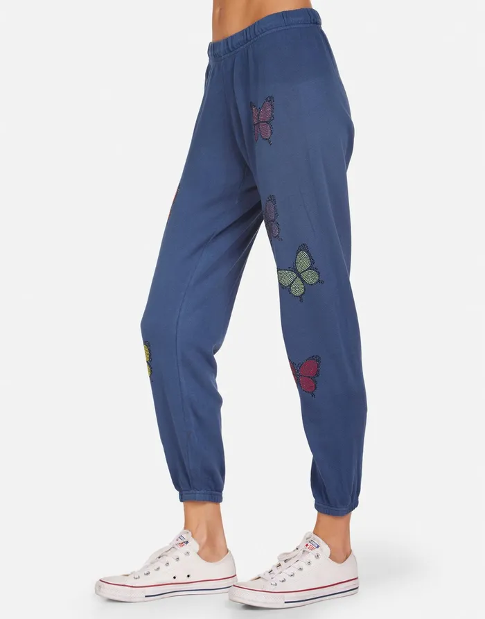 Alana Crystal Butterfly Denim Navy Women039s Lauren Moshi Crop Sweatpants