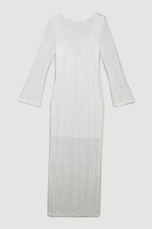 All Over Embellished Jersey Long Sleeve Maxi Dress White Women Karen Millen Dresses