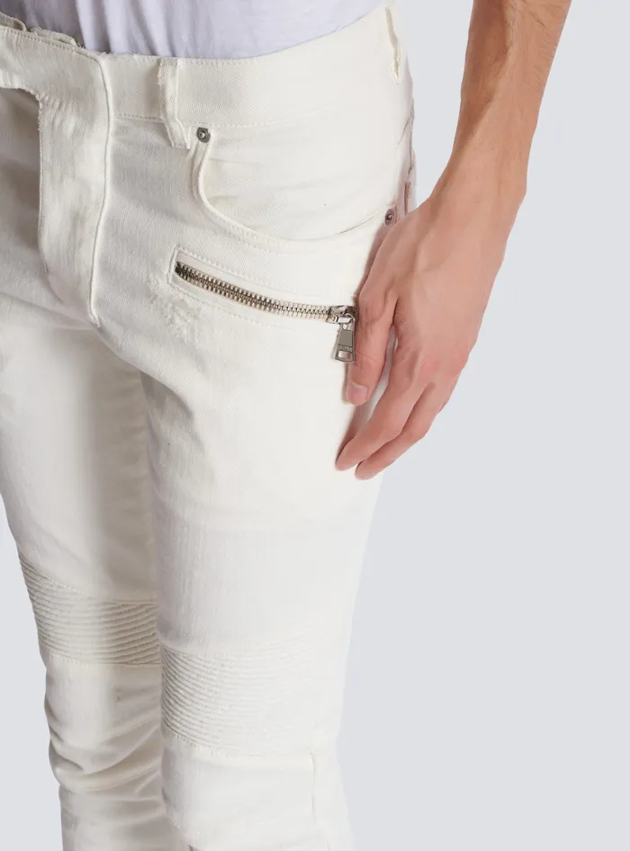 Balmain Denim Men Biker Jeans In White Denim White
