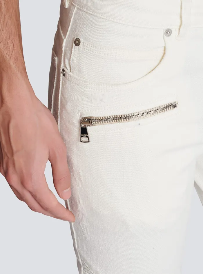Balmain Denim Men Biker Jeans In White Denim White