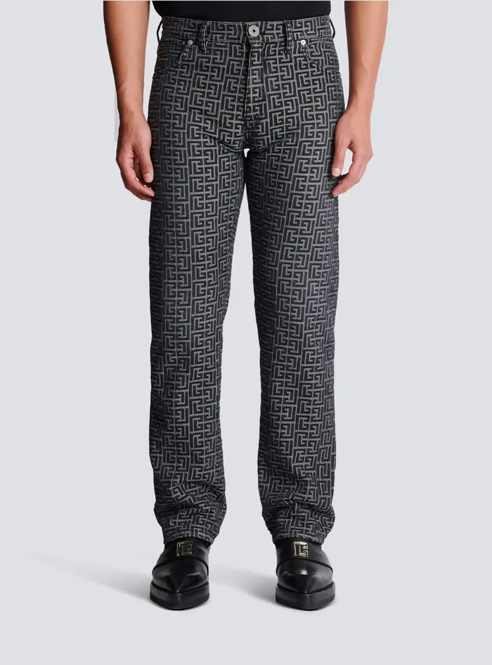 Balmain Denim Men Monogrammed Jacquard Denim Jeans Black