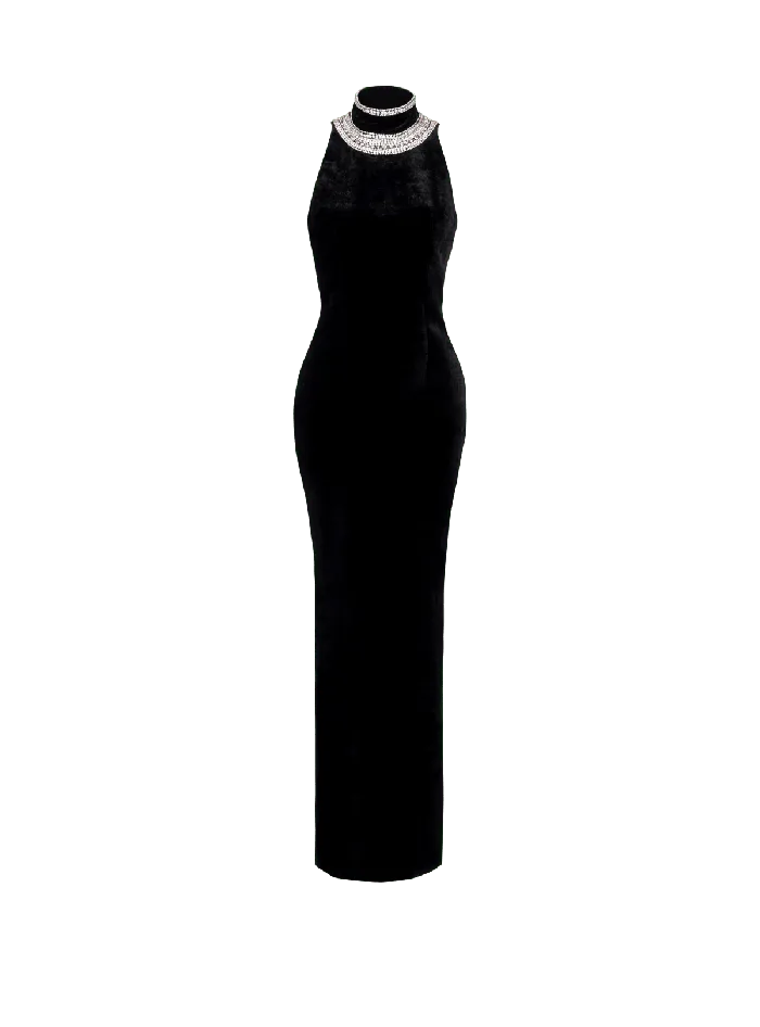 Balmain Dresses Women Embroidered Velvet Halterneck Dress Black