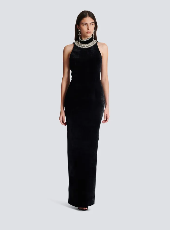 Balmain Dresses Women Embroidered Velvet Halterneck Dress Black
