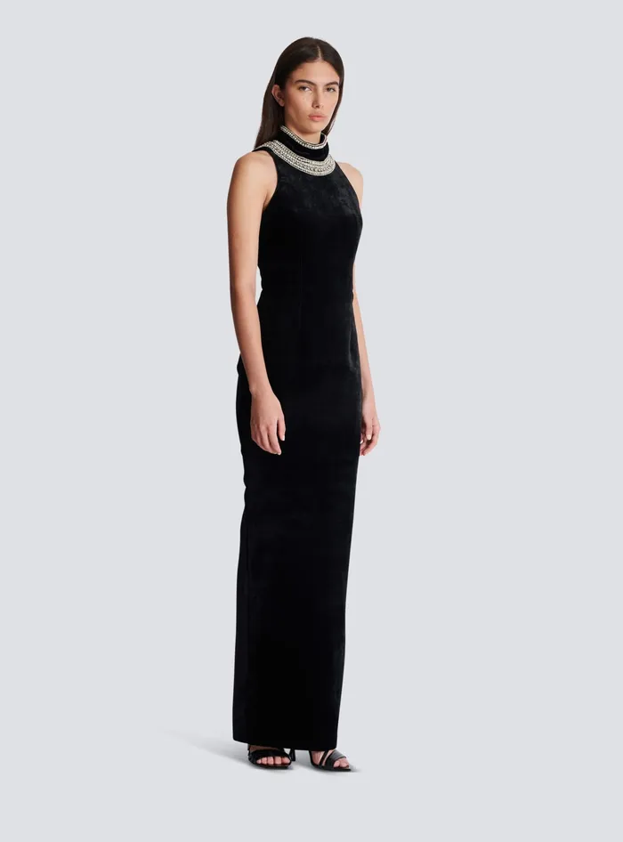 Balmain Dresses Women Embroidered Velvet Halterneck Dress Black