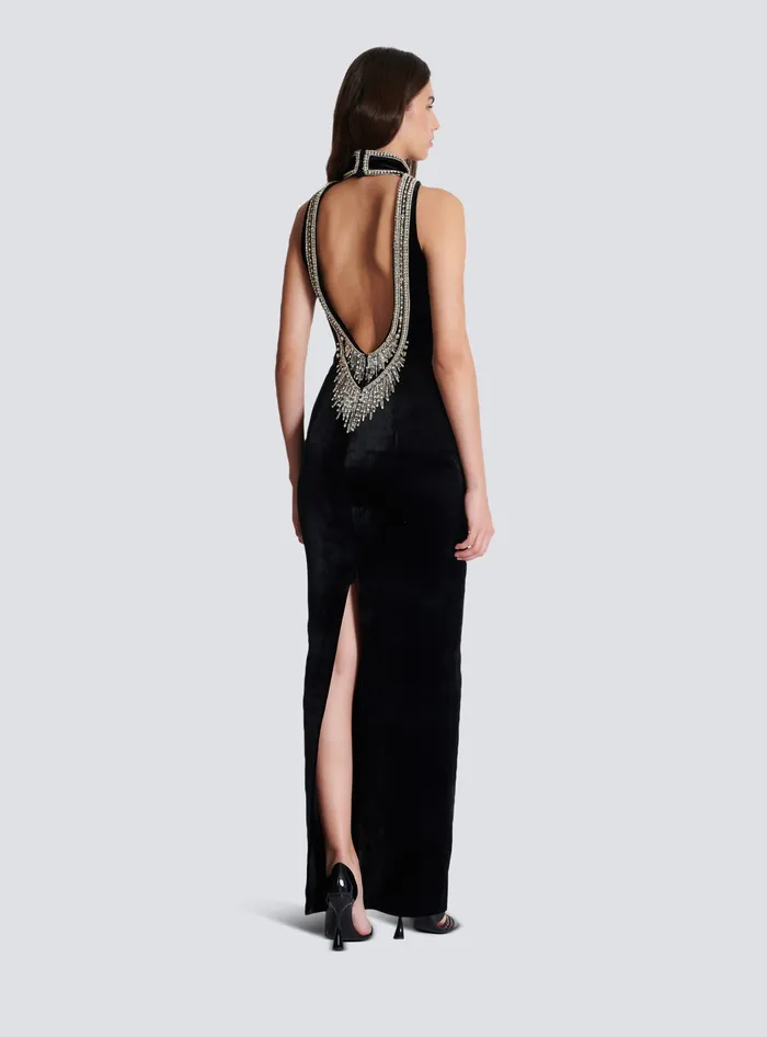 Balmain Dresses Women Embroidered Velvet Halterneck Dress Black