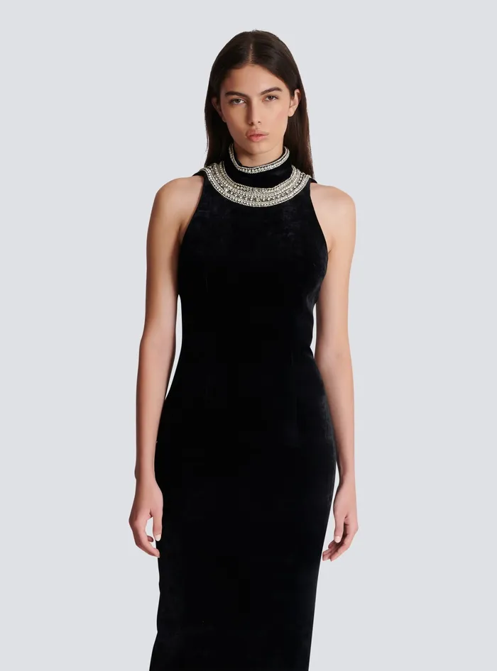 Balmain Dresses Women Embroidered Velvet Halterneck Dress Black