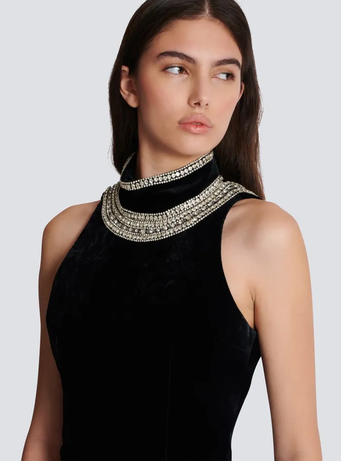Balmain Dresses Women Embroidered Velvet Halterneck Dress Black