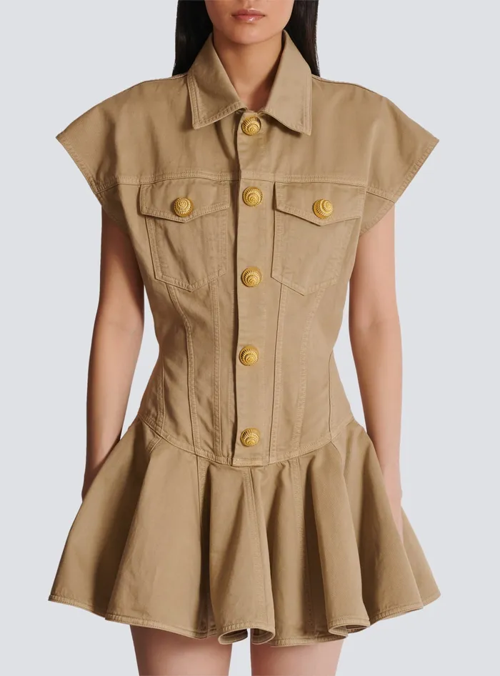 Balmain Dresses Women Flared Dress In Cotton Canvas Beige