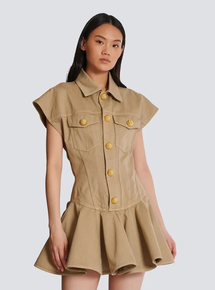 Balmain Dresses Women Flared Dress In Cotton Canvas Beige