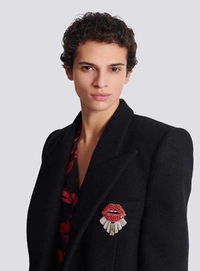 Balmain Fashion Jewelry Men Brass And Crystal Kiss Brooch Red