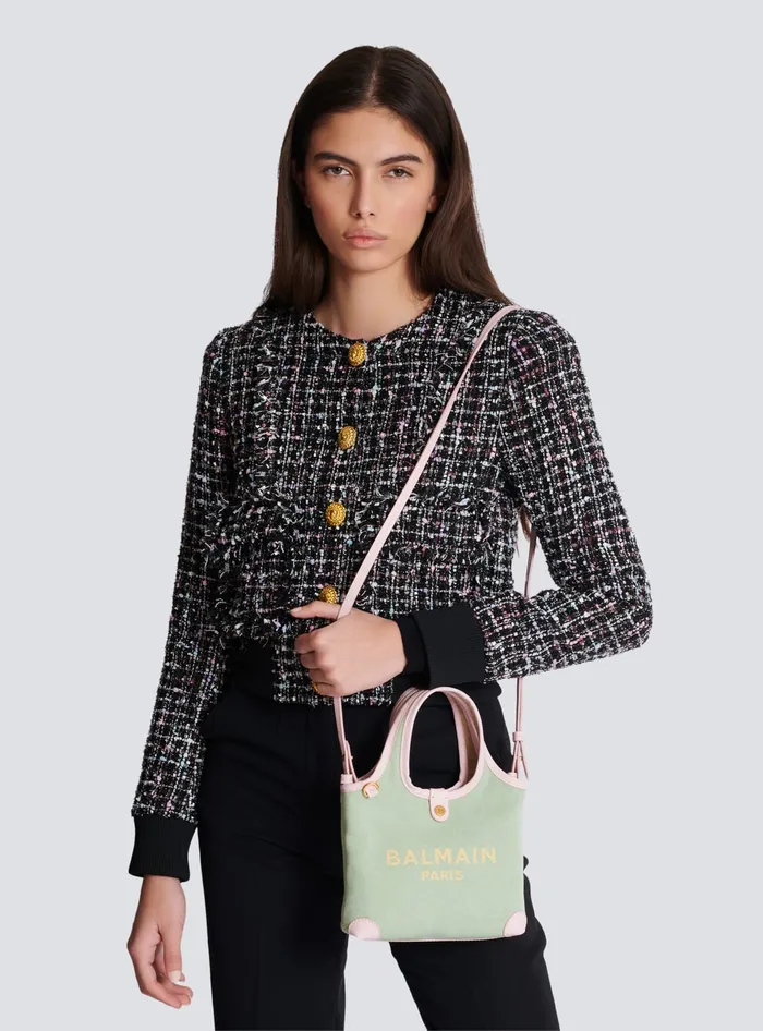 Balmain Grocery Bags Women Mini Canvas And Leather BArmy Grocery Bag Green