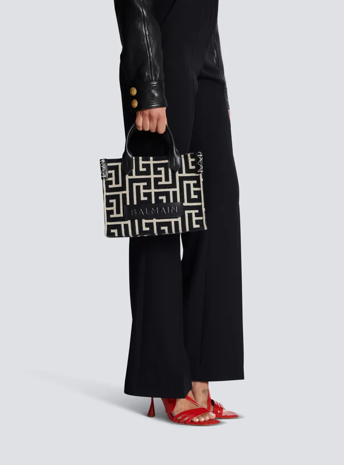 Balmain Handbags Women BArmy Monogrammed Jacquard And Leather Tote Bag Black