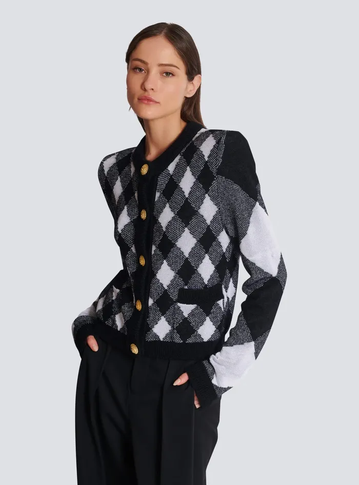 Balmain Knitwear Women Gingham Knit Cardigan Black