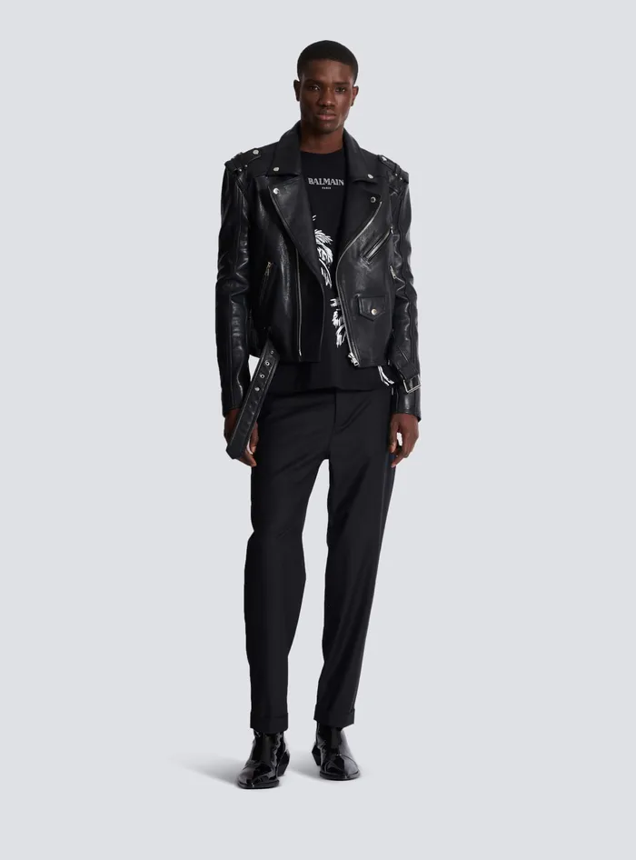 Balmain Outerwear Men Calfskin Biker Jacket Black