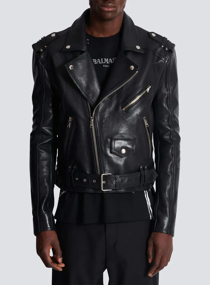 Balmain Outerwear Men Calfskin Biker Jacket Black