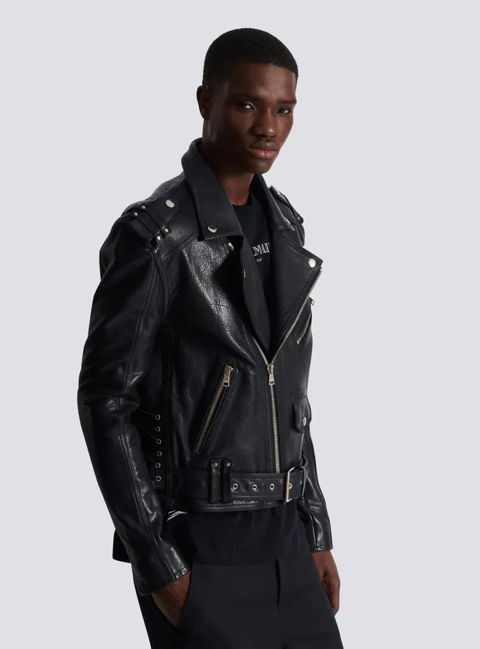 Balmain Outerwear Men Calfskin Biker Jacket Black