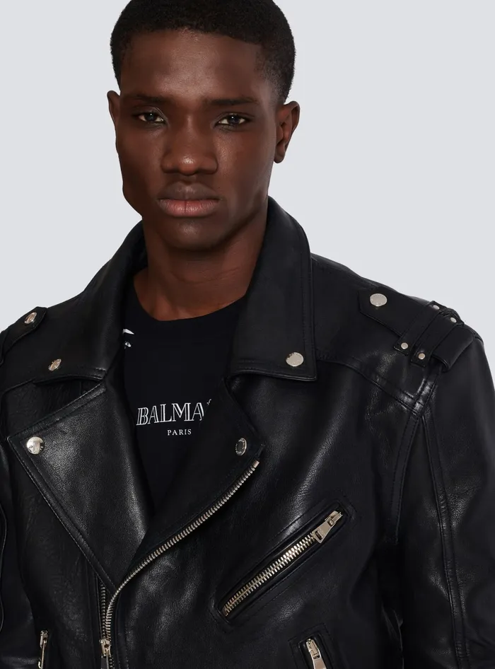 Balmain Outerwear Men Calfskin Biker Jacket Black
