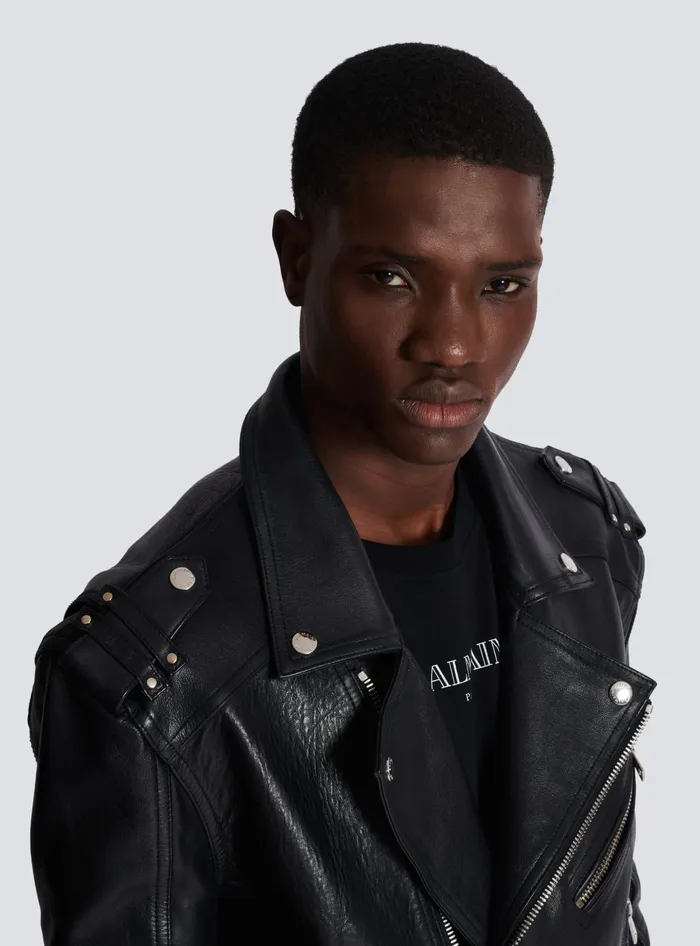 Balmain Outerwear Men Calfskin Biker Jacket Black