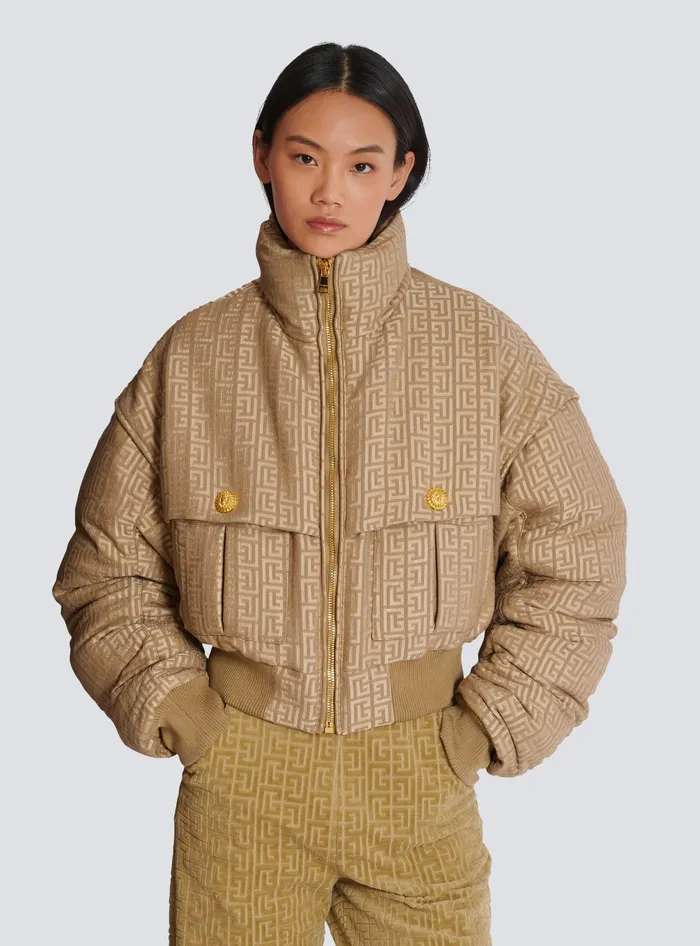 Balmain Outerwear Women PB Labyrinth Cropped Jacquard Bomber Beige