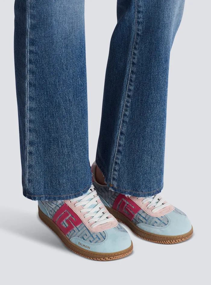 Balmain Sneakers Women Swan Leather And Denim Monogram Sneakers Blue