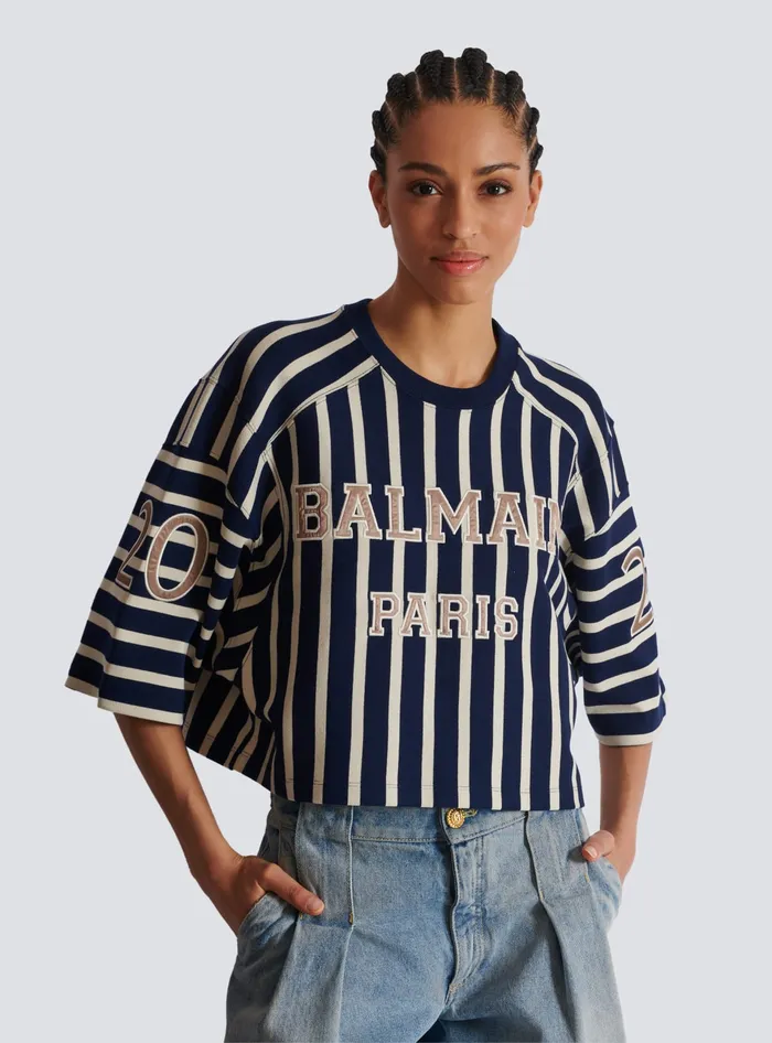 Balmain TShirts Women Striped Baseball Tshirt Navy