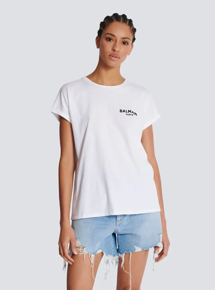 Balmain TShirts Women Tshirt With Flocked Paris Logo White