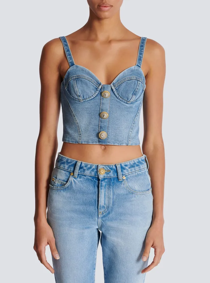 Balmain Tops And Shirts Women Denim Top With Thin Straps Blue