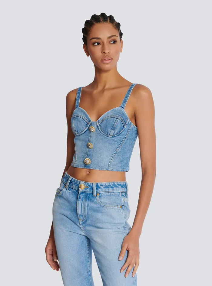 Balmain Tops And Shirts Women Denim Top With Thin Straps Blue