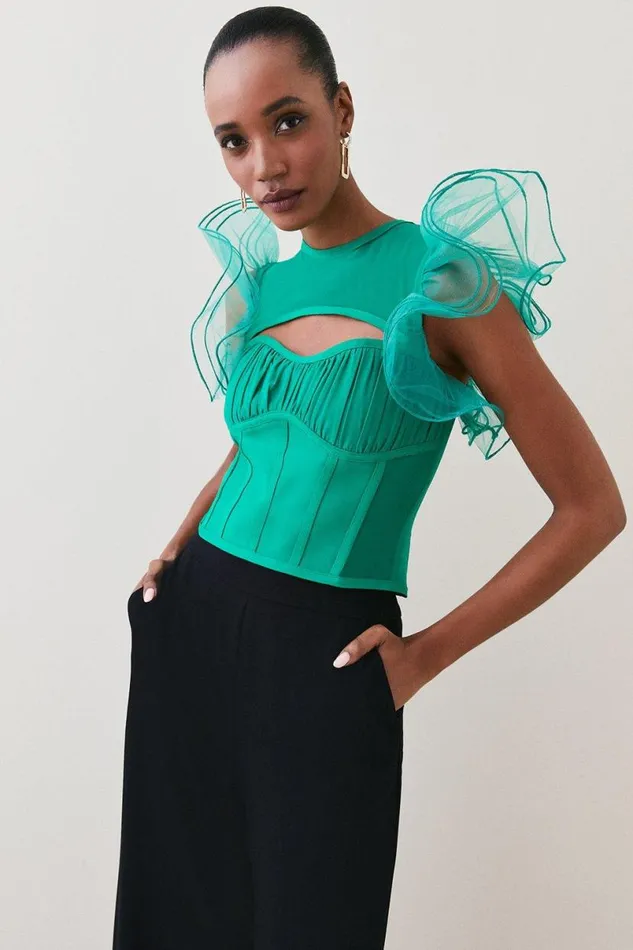 Bandage Cut Out Organza Frill Detail Top Women Karen Millen Tops