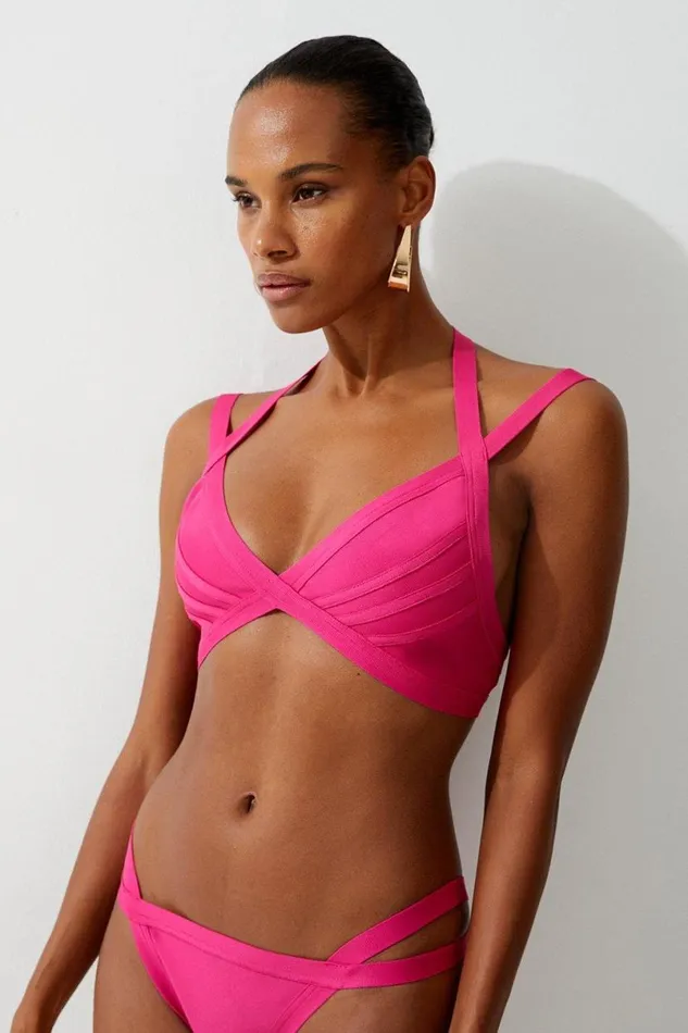 Bandage Double Strap Bikini Top Pink Women Karen Millen Beachwear