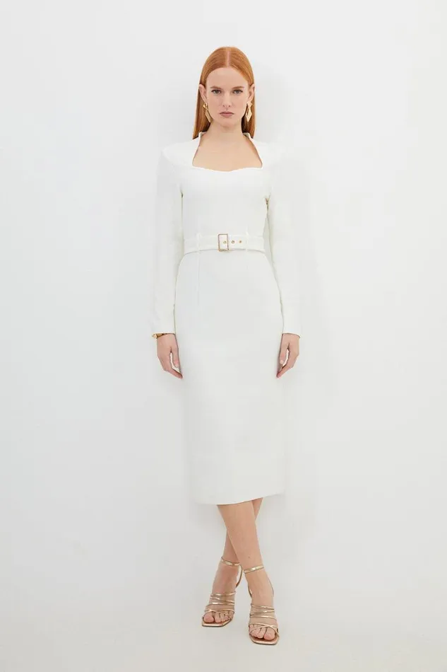 Bandage Figure Form Knit Belted Midi Dress Cream Women Karen Millen Dresses