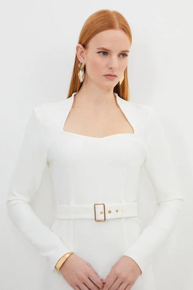 Bandage Figure Form Knit Belted Midi Dress Cream Women Karen Millen Dresses