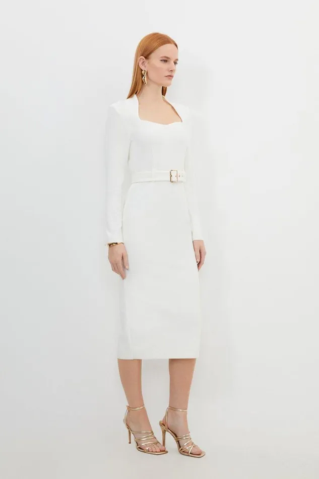 Bandage Figure Form Knit Belted Midi Dress Cream Women Karen Millen Dresses