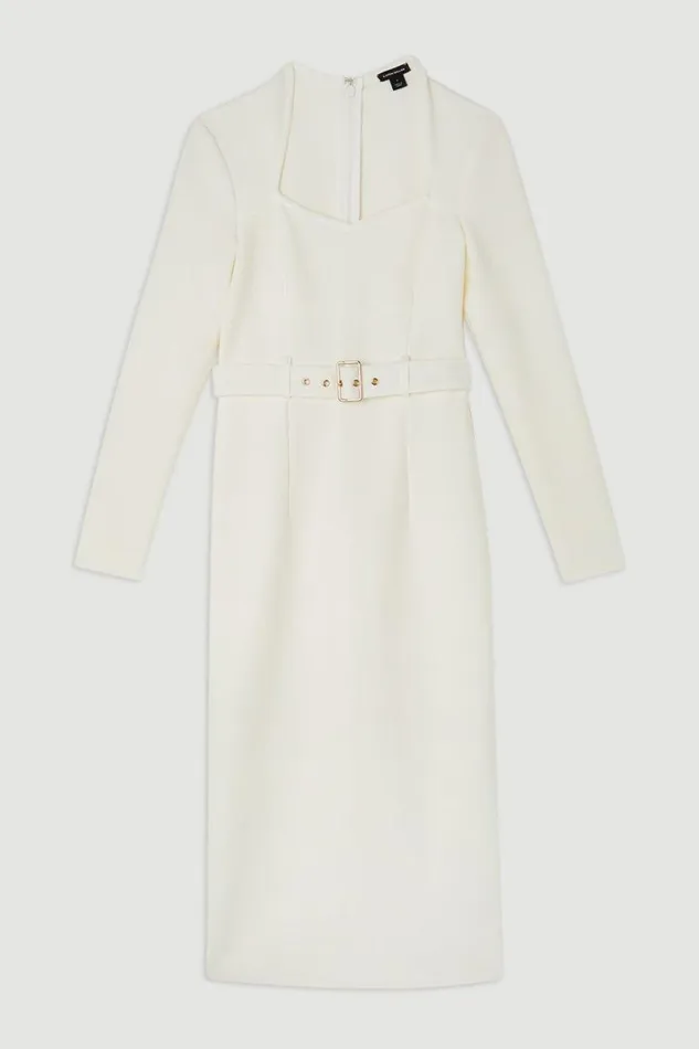 Bandage Figure Form Knit Belted Midi Dress Cream Women Karen Millen Dresses