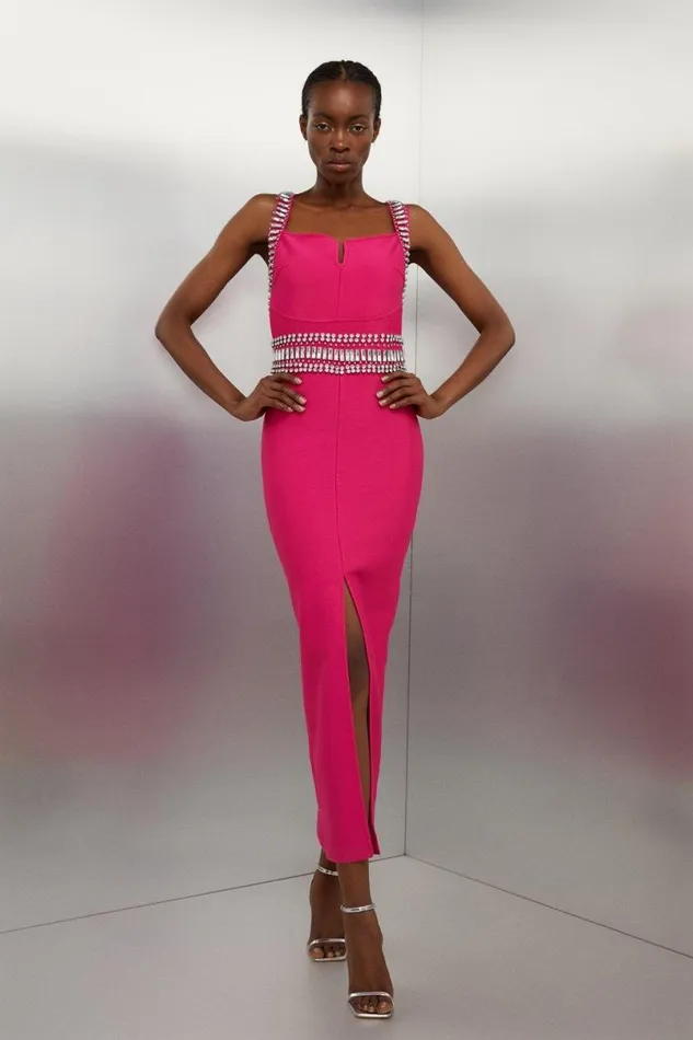 Bandage Figure Form Knit Embellished Maxi Dress Fuchsia Women Karen Millen Dresses