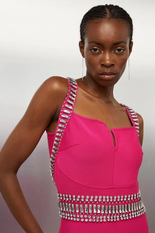 Bandage Figure Form Knit Embellished Maxi Dress Fuchsia Women Karen Millen Dresses