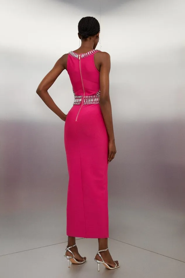 Bandage Figure Form Knit Embellished Maxi Dress Fuchsia Women Karen Millen Dresses