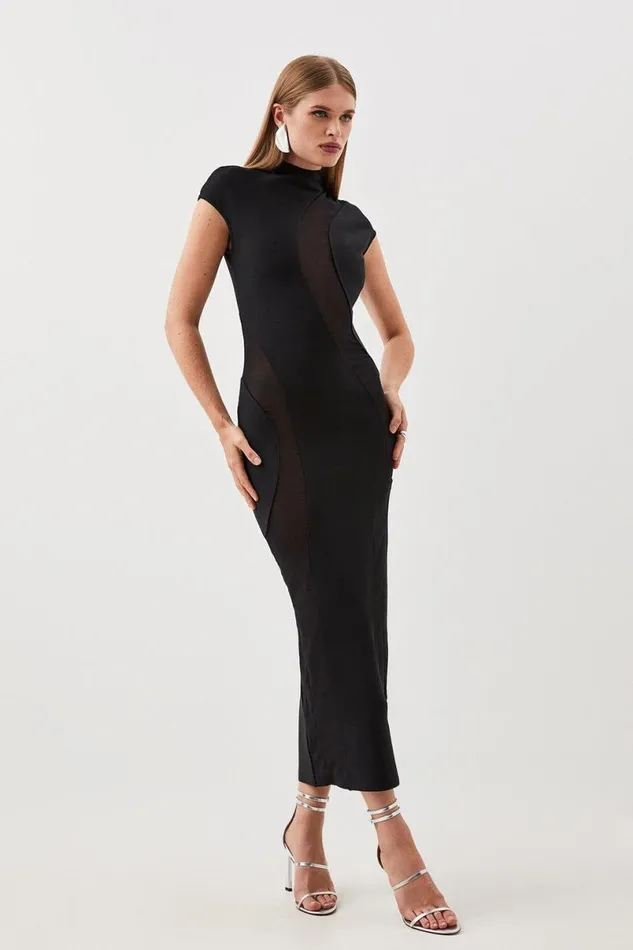 Bandage Figure Form Mesh Detail Knit Maxi Dress Black Women Karen Millen Dresses