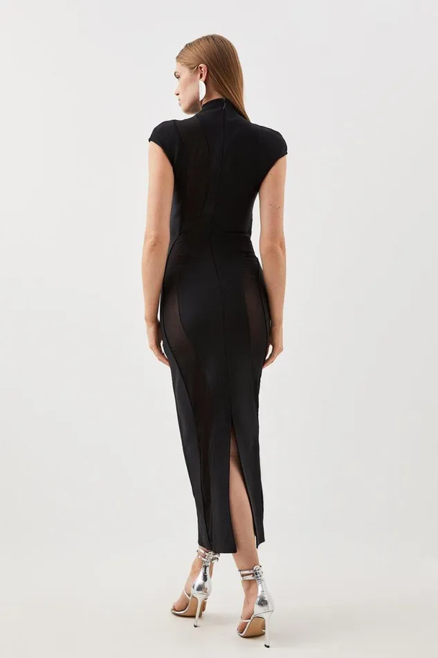 Bandage Figure Form Mesh Detail Knit Maxi Dress Black Women Karen Millen Dresses
