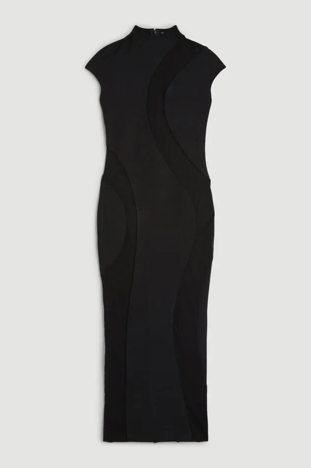 Bandage Figure Form Mesh Detail Knit Maxi Dress Black Women Karen Millen Dresses