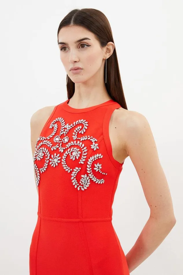 Bandage Form Fitting Embellished Knit Midaxi Dress Red Women Karen Millen Dresses